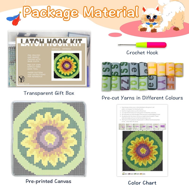 YP Sunflower Latch Hook Rug Kit for Adults & Kids - 12x12 Inch DIY Craft Crochet Rug, Beginner-Friendly Art Project for Home Decor, Easy-to-Make Needlecraft Kit - Image 2